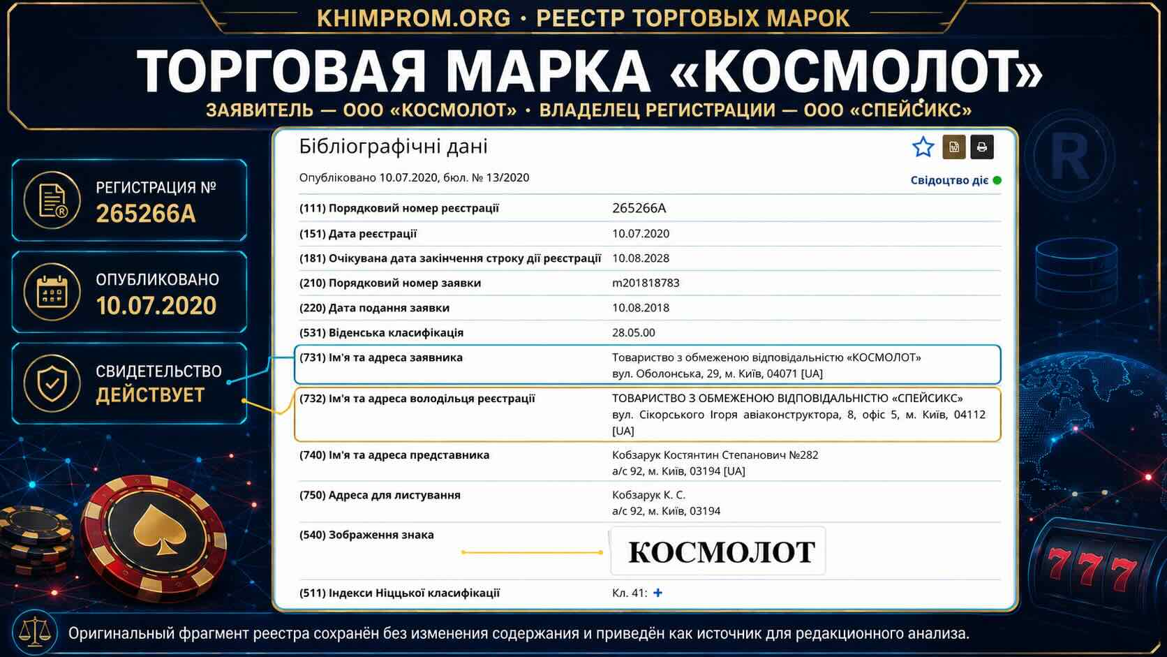 ТОРГОВАЯ МАРКА «КОСМОЛОТ»